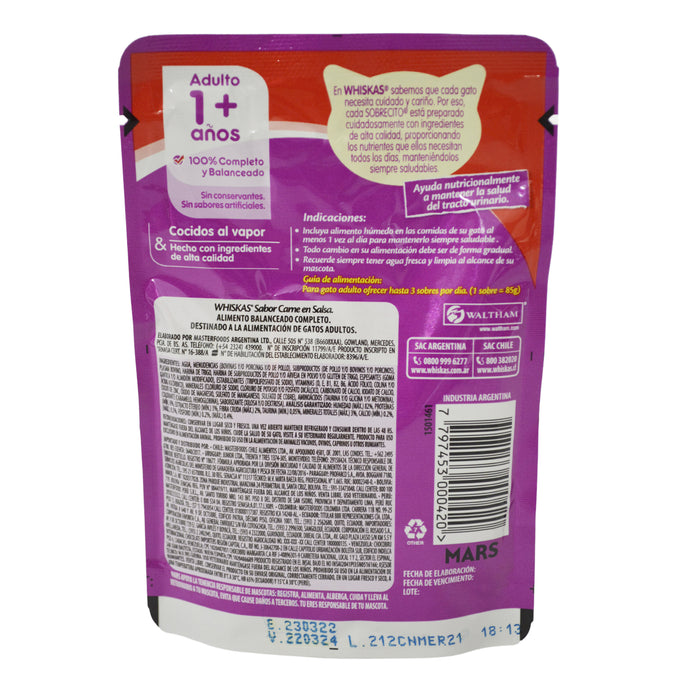 Alimento Whiskas Adulto 1+ Sabor Carne En Salsa X 85G