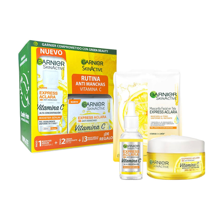 Pack Garnier Express Aclara Serum + Crema Fps30 + Mascarilla