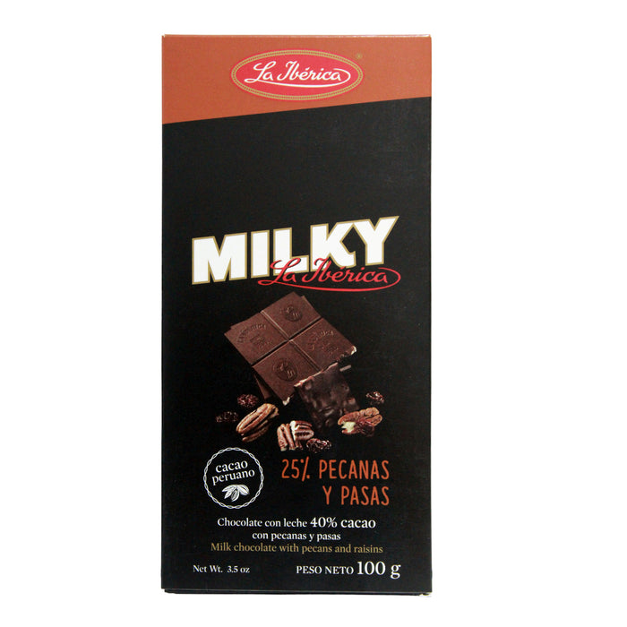 La iberica chocolate milky pecanas y pasas x 100gr