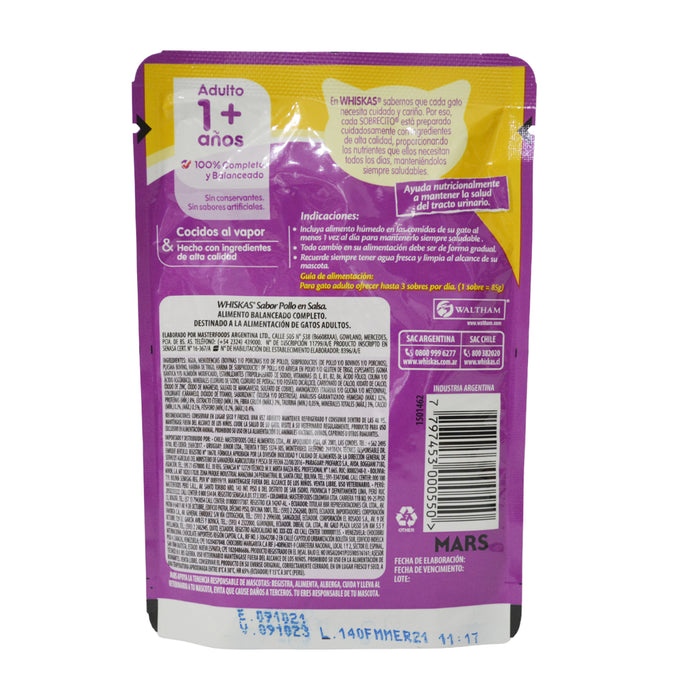 Alimento Whiskas Adulto 1+ Sabor Pollo En Salsa X 85G