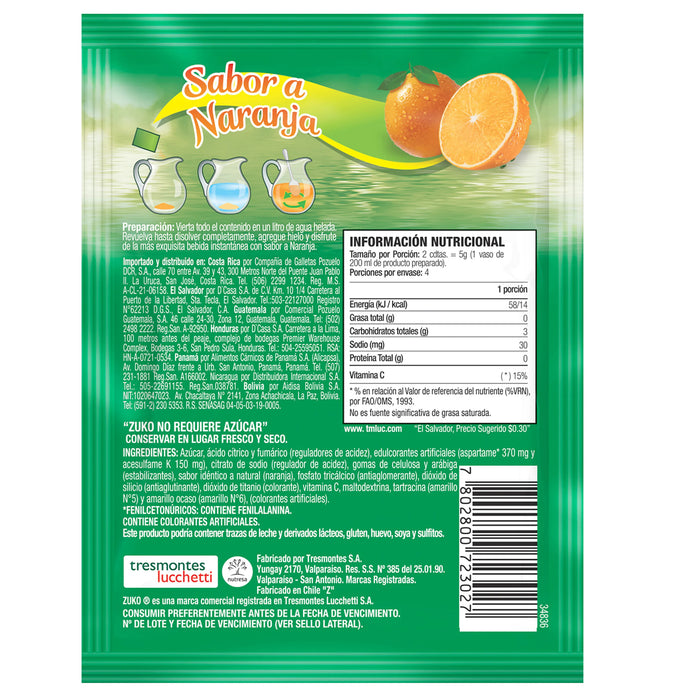 Zuko Polvo Para Bebida Instantanea Sabor Naranja X 20G