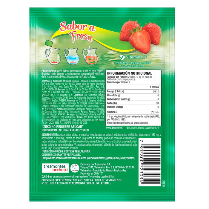 Zuko Polvo Para Bebida Instantanea Sabor Fresa X 20G