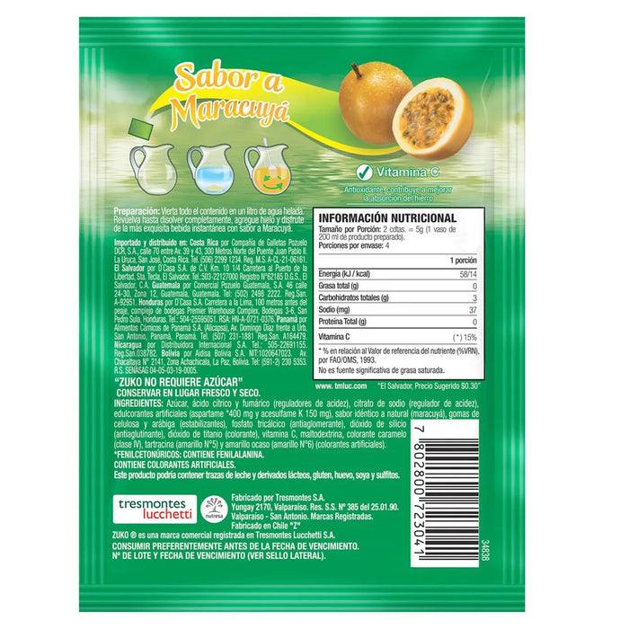 Zuko Polvo Para Bebida Instantanea Sabor Maracuya X 20G