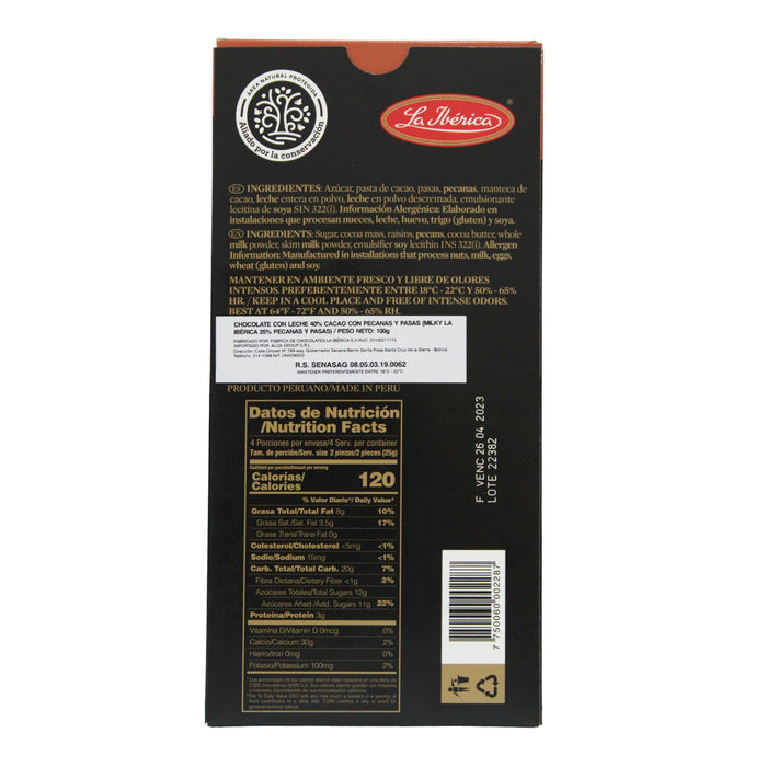 La iberica chocolate milky pecanas y pasas x 100gr
